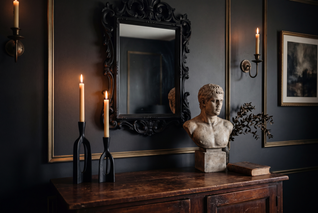 Gothic home décor vignette with an ornate mirror, candleholders, and classical bust