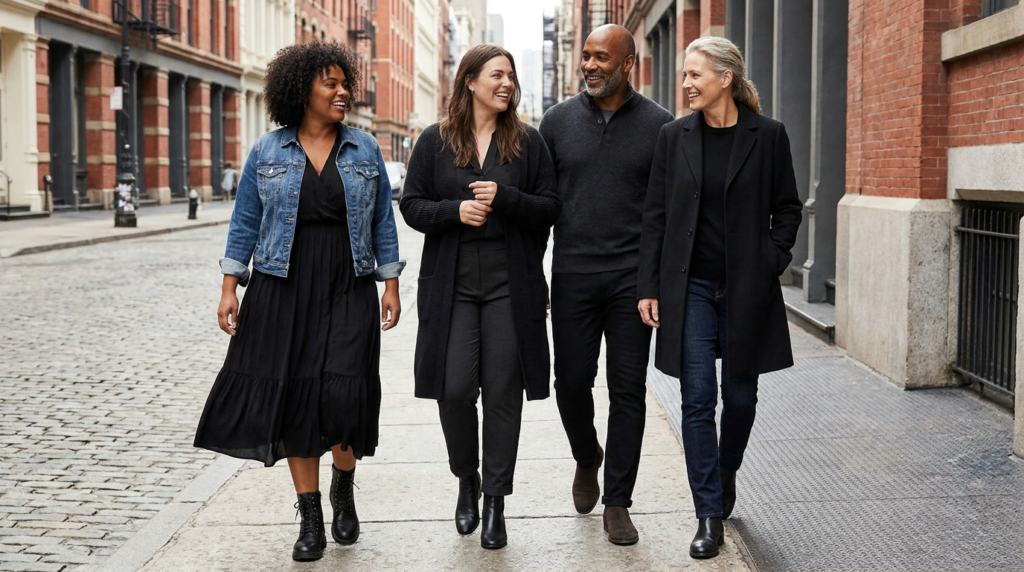Diverse adult models wearing practical everyday Gothic outfits, black dresses, trousers, cardigans, jackets and boots, approachable dark fashion for daily wear, urban street setting, natural confident poses, editorial lifestyle photography, inclusive body types, realistic, no logos, no text