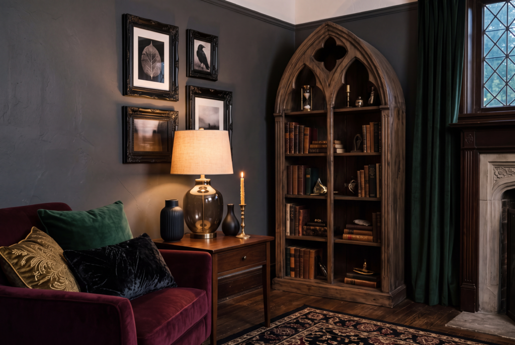 Dark Gothic living room with velvet cushions, smoked-glass lighting, and matte-black vases
