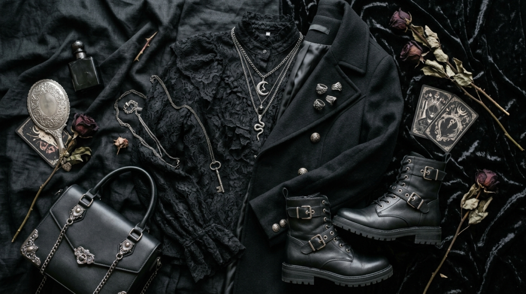 odern Gothic wardrobe essentials arranged on black fabric