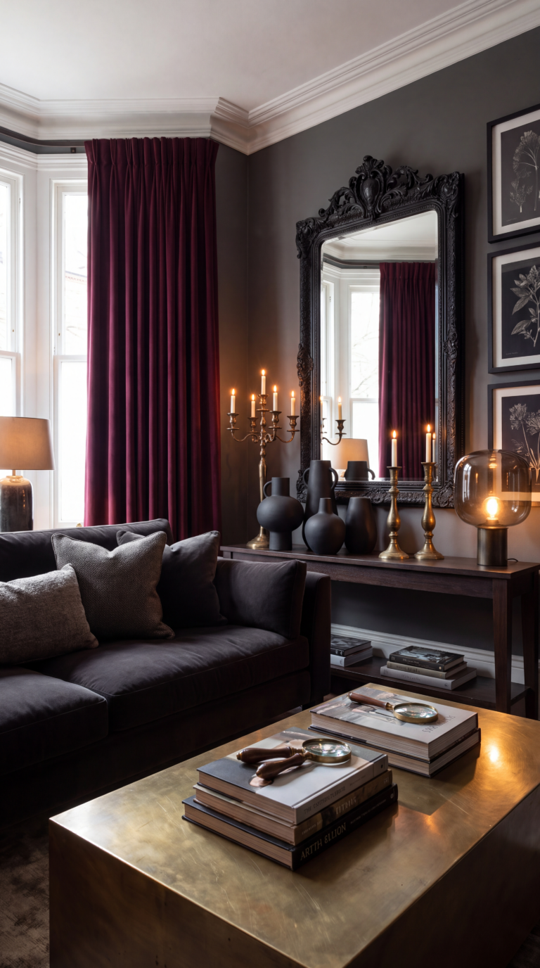 Elegant modern Gothic living room with an ornate black mirror, burgundy velvet curtains, candleholders, and dark botanical art
