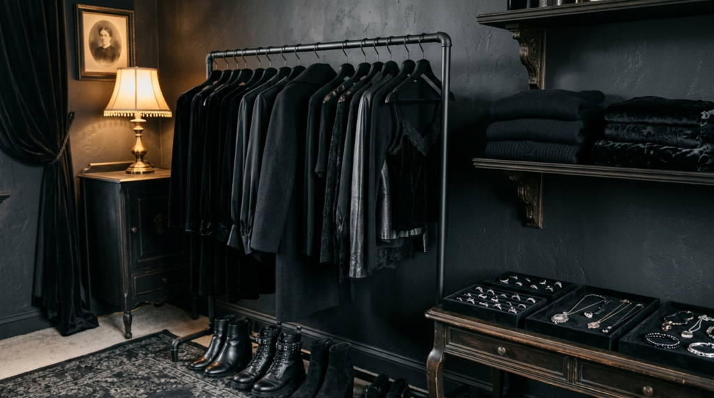 Dark Gothic wardrobe with black clothing, boots, jewelry, and velvet textures
