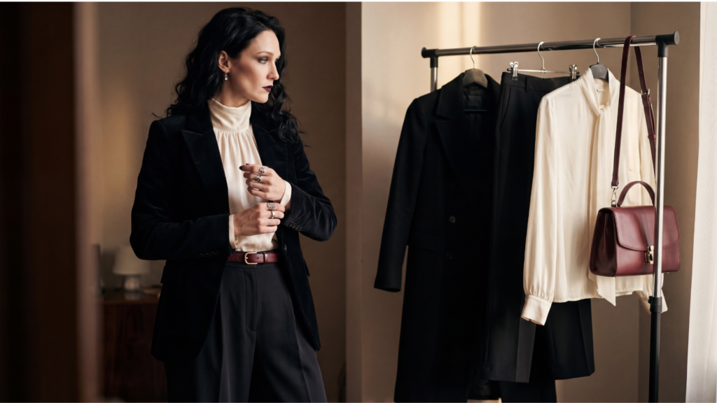 Marishka Vespera planning a modern Gothic capsule wardrobe with black tailoring, an ivory blouse, and an oxblood handbag