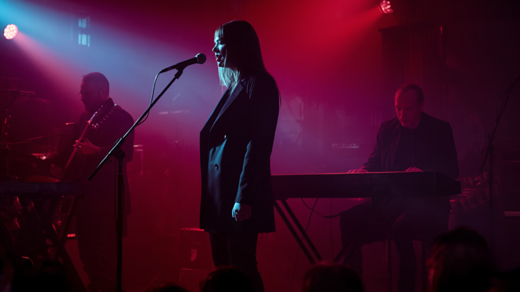 Modern Gothic music performed by a darkwave band in an intimate club