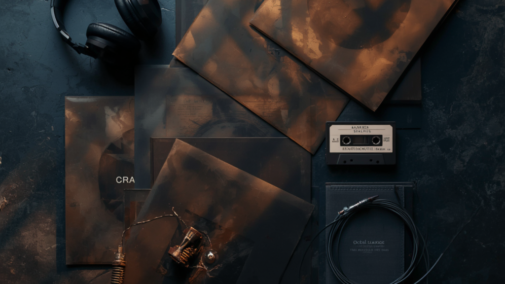 Modern Gothic music listening ritual with vinyl records and headphones

