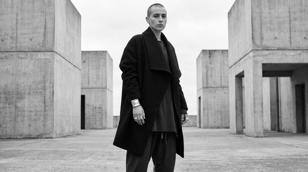 Adult model wearing minimalist Gothic clothing with layered black tailoring