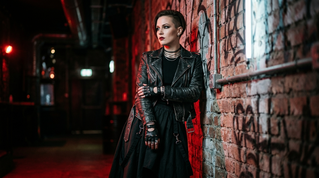 Adult model wearing black punk and industrial-inspired Gothic fashion