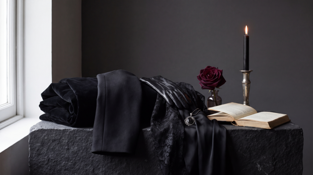 Black velvet, leather, lace and silk arranged with antique silver jewelry and a burgundy rose.