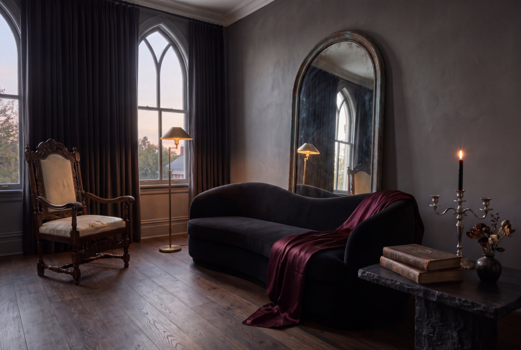 Modern Gothic living room with charcoal walls, black velvet furniture, antique wood and warm candlelight.