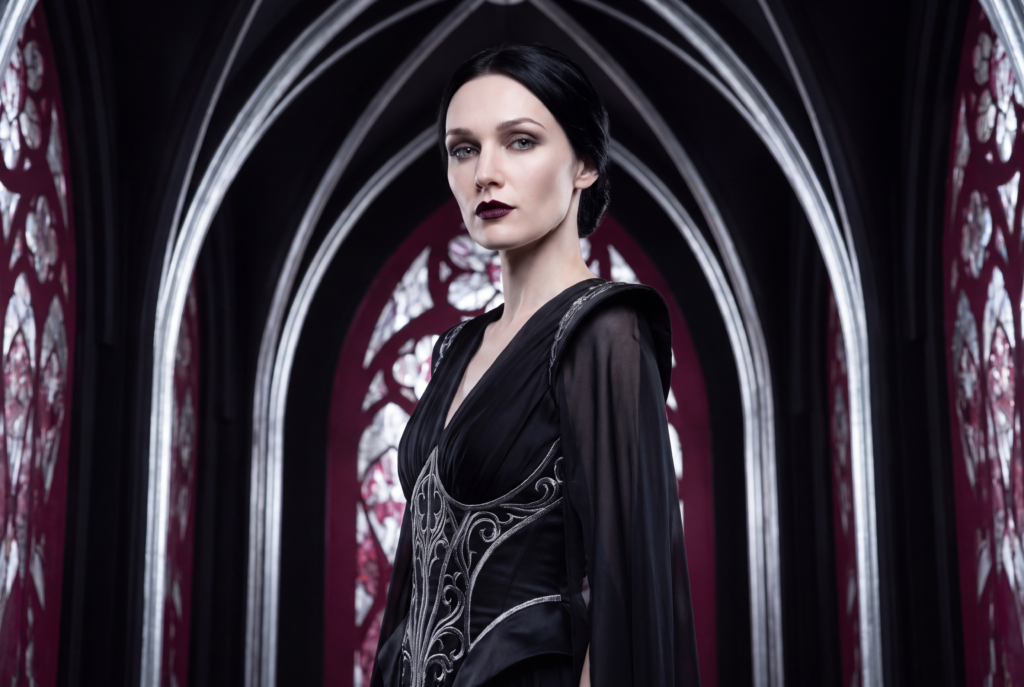 Marishka Vespera wearing futuristic Gothic fashion inside a digital cathedral.