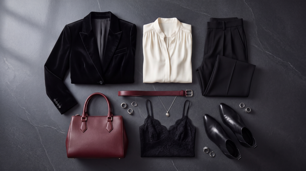 Modern Gothic capsule wardrobe flat lay with black tailoring, an ivory blouse, leather boots, silver jewelry, and an oxblood handbag
