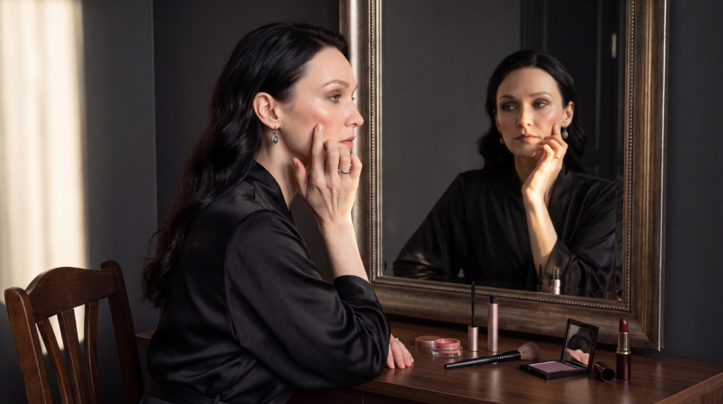 Marishka Vespera applying cream blush while creating a luminous modern Gothic makeup look
