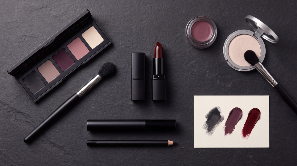 Modern Gothic makeup collection with charcoal and plum eyeshadow, oxblood lipstick, eyeliner, and luminous highlighter

