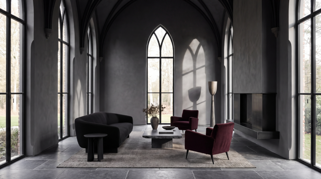Modern Gothic architecture interior shaped by tall windows and dramatic shadows