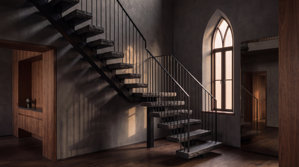 Modern Gothic architecture staircase combining dark stone, steel and warm wood