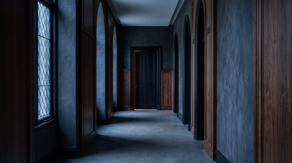 Shadowed corridor illustrating the haunted house theme in Gothic literature
