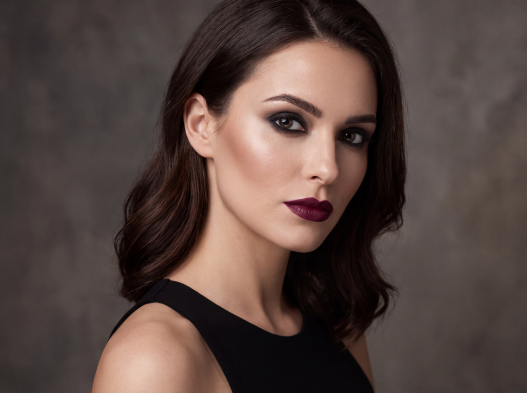 Finished soft gothic makeup look with smoky eyes and deep berry lipstick
