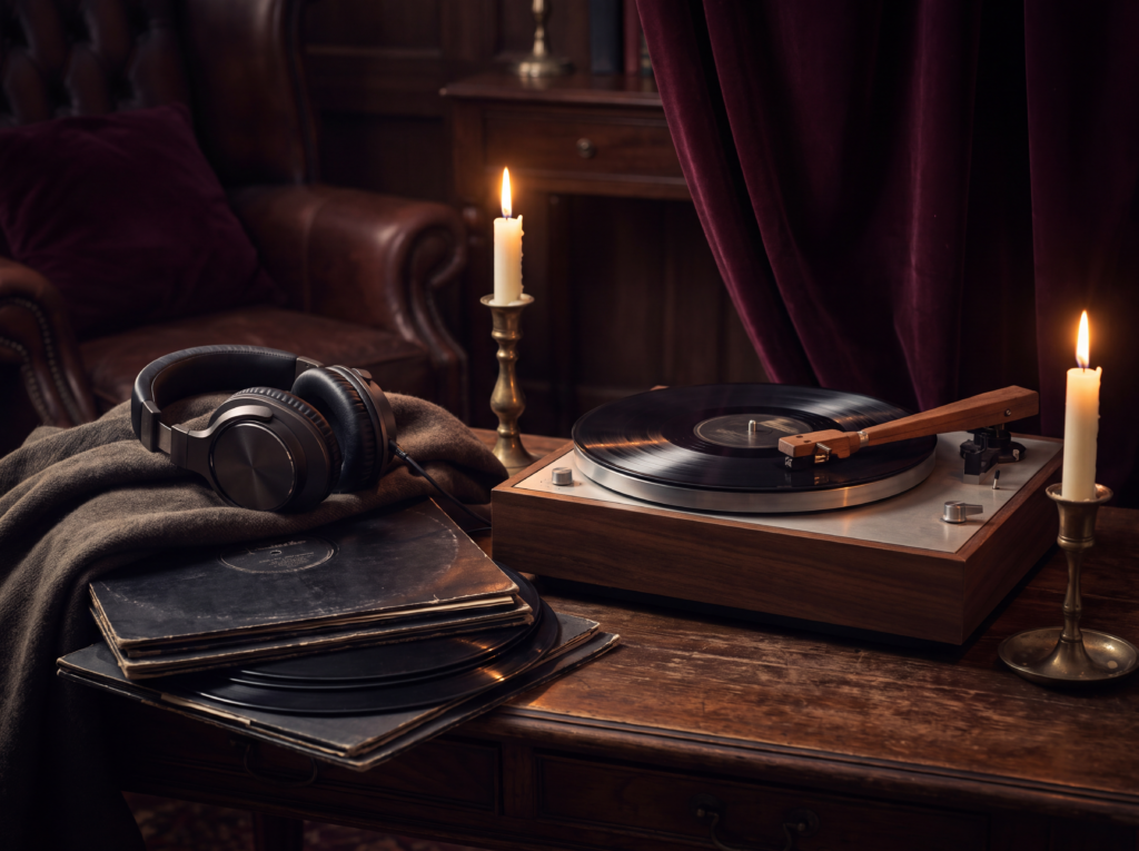 Vintage turntable with vinyl records and headphones in a candlelit gothic listening room