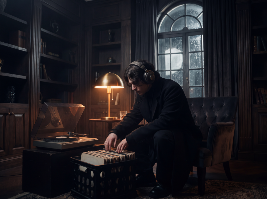 Listener browsing vinyl records beside a turntable in a dark atmospheric room