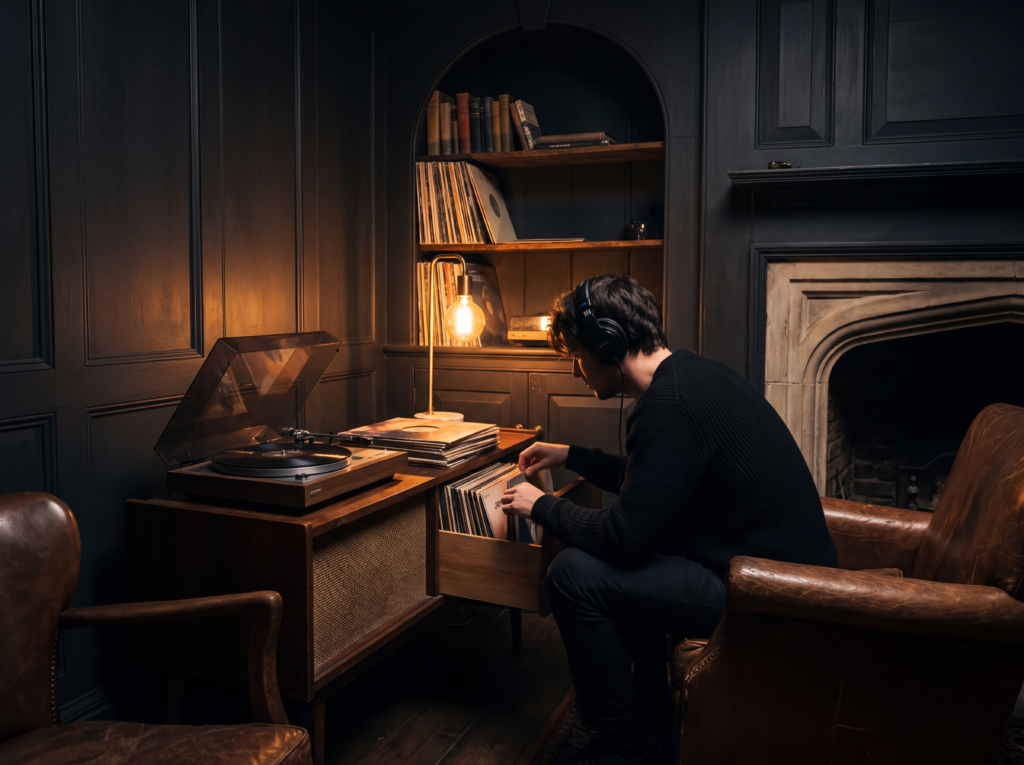 Listener browsing vinyl records beside a turntable in a dark gothic-inspired room
