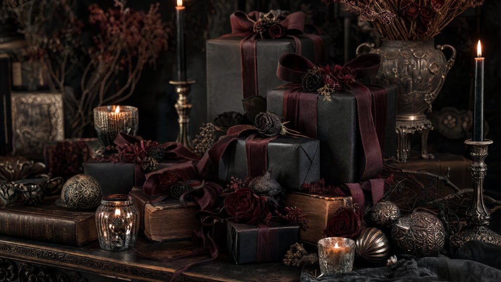 Gothic gift bundles wrapped in black paper with burgundy ribbons and dark roses