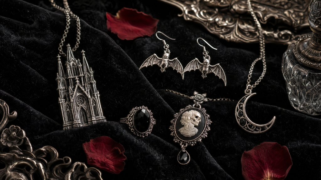Gothic jewelry gifts with silver pendant, bat earrings, dark ring and moon necklace