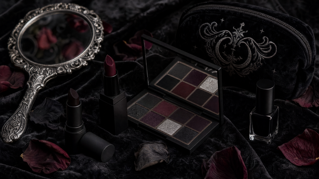 Gothic beauty gifts with black lipstick, dark eyeshadow, nail polish and makeup bag