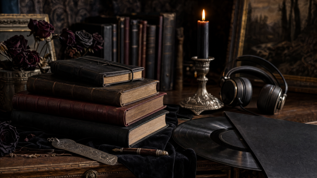 Gothic gifts for readers and music lovers with books, vinyl record, journal and candle