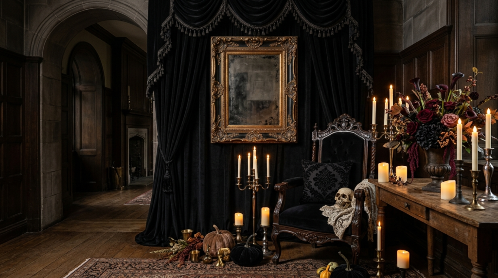 Elegant Gothic Halloween photo backdrop with velvet curtains and roses