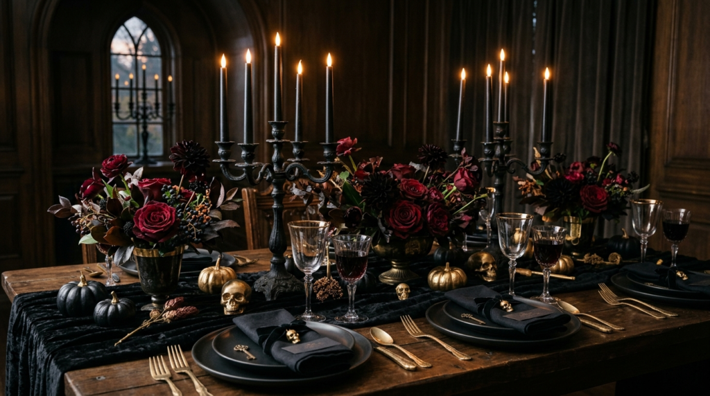 Gothic Halloween tablescape with black velvet and candleholders