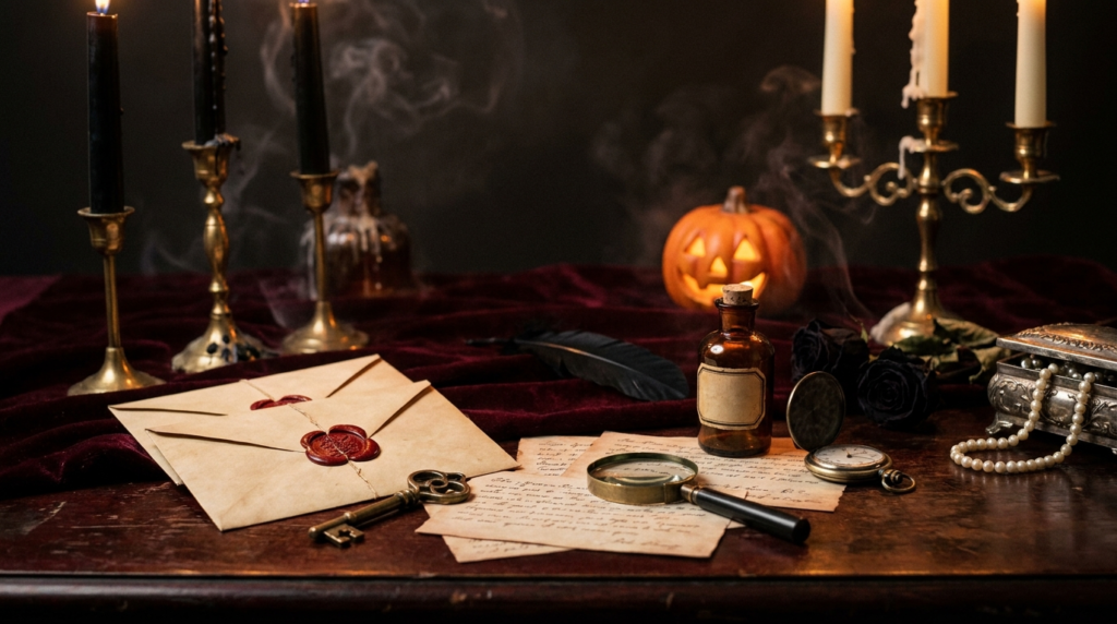 Gothic murder mystery party game with vintage clues and an antique key
