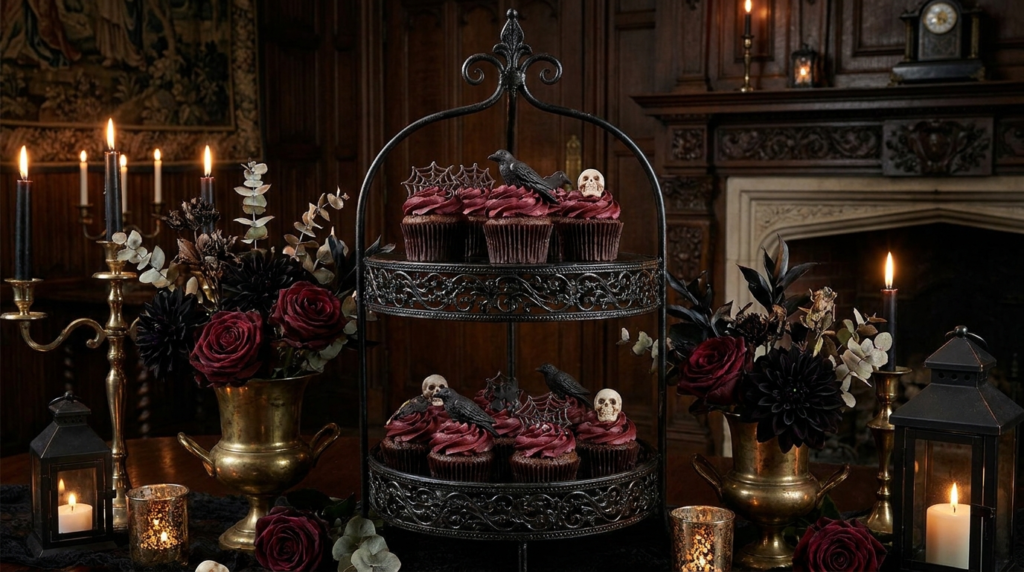  Black and red Gothic Halloween cupcakes on an elegant dessert table