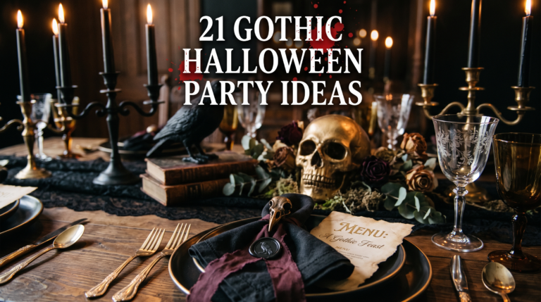 Elegant gothic halloween party ideas featuring a candlelit Victorian dinner table with black décor and burgundy roses