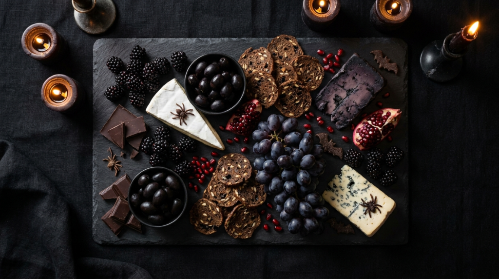 Gothic Halloween charcuterie board with dark fruit and cheese