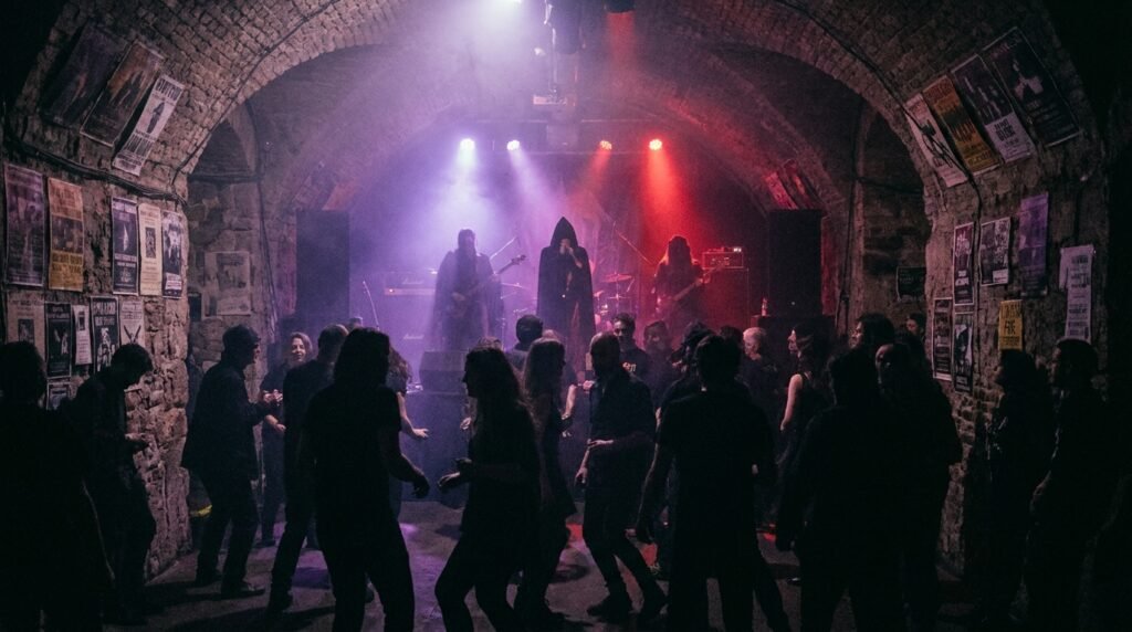 Fans enjoying gothic rock music in a dark underground music club.
