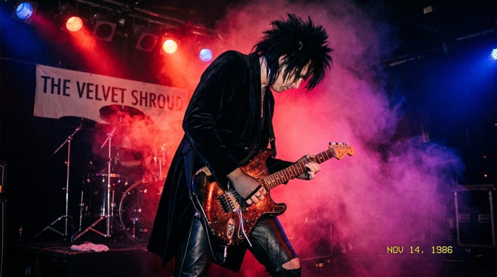Gothic rock guitarist performing under dramatic red and blue stage lights.