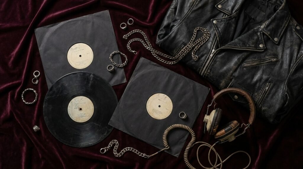 Vintage vinyl records and dark fashion accessories representing gothic rock music.