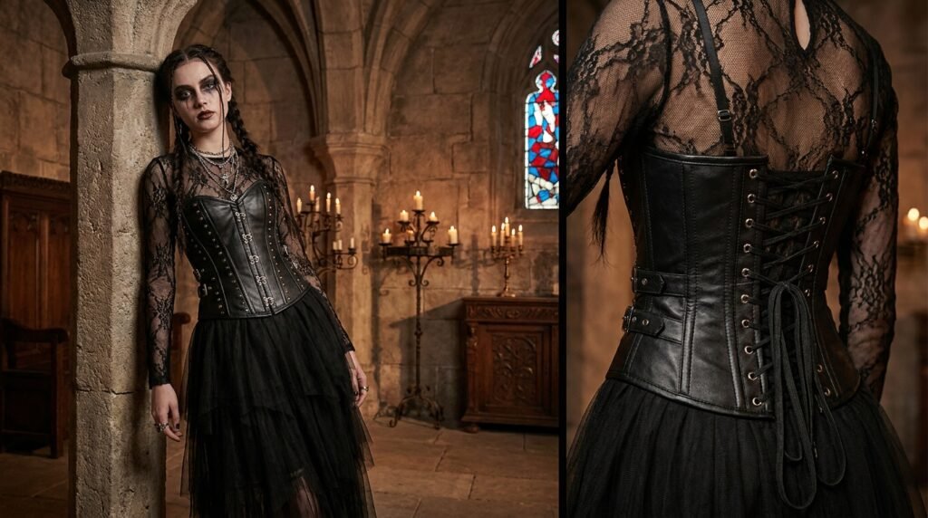Gothic fashion featuring black lace, leather, boots, and silver jewelry influenced by rock music.