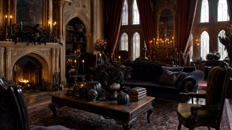 Gothic Halloween Decor at a Glance Elegant Gothic Halloween living room with black furniture, burgundy curtains, candles, dark roses and black pumpkins.
