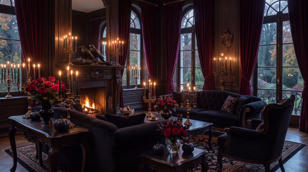 Gothic living room illuminated by black taper candles, Victorian candelabras and antique lanterns.
