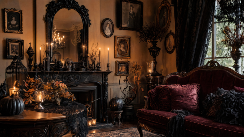 Victorian Gothic interior with an ornate black mirror, antique frames, black lace, candles and burgundy velvet accents.
