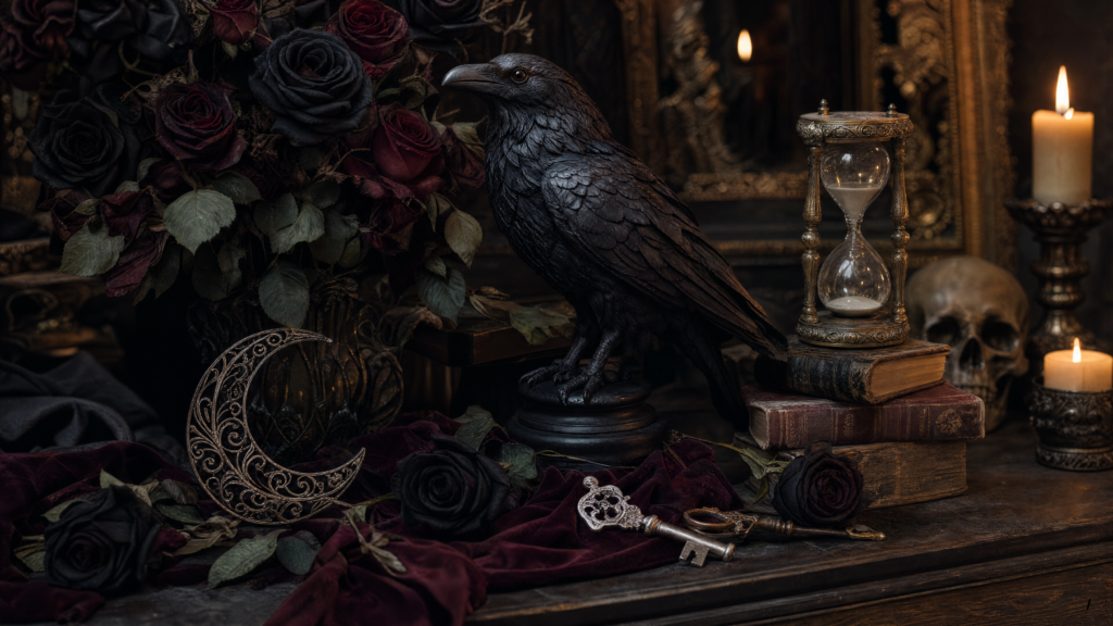 Gothic still life with a black raven, dark roses, antique keys, old books, candles and celestial decorations.