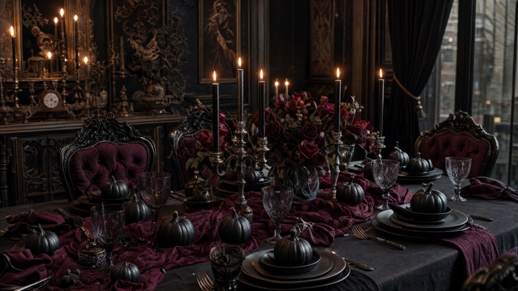 Gothic Halloween dining table with black dinnerware, dark glass goblets, burgundy linens, candles and black pumpkins.
