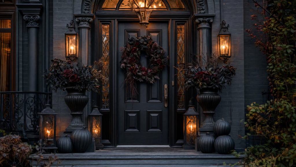 Gothic Halloween entryway with a black door, dark floral wreath, black pumpkins, antique lanterns and burgundy flowers.
