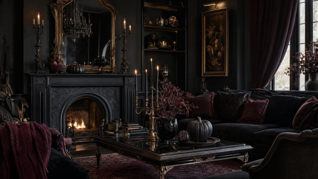 Elegant Gothic living room with black velvet furniture, burgundy textiles, an ornate mirror and subtle Halloween decorations.
