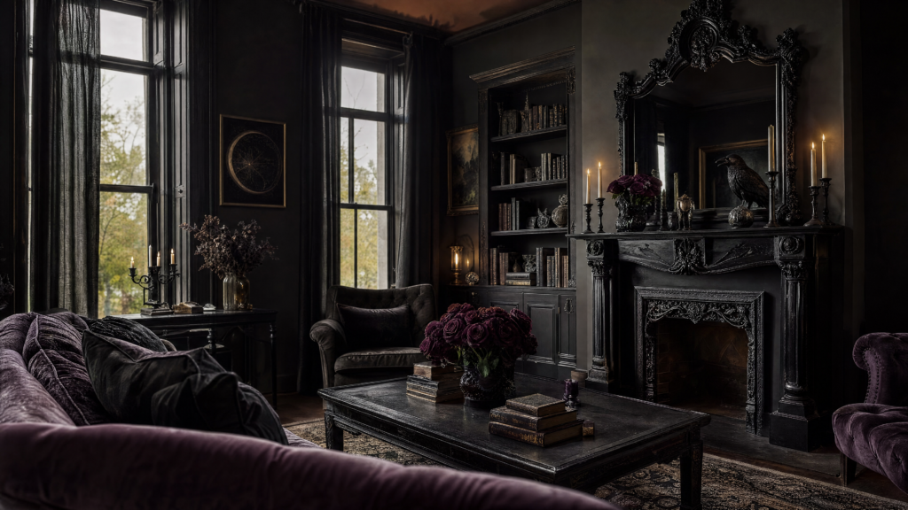 Year-round Gothic living room with an ornate mirror, black candleholders, raven sculpture, dark roses and velvet furniture.
