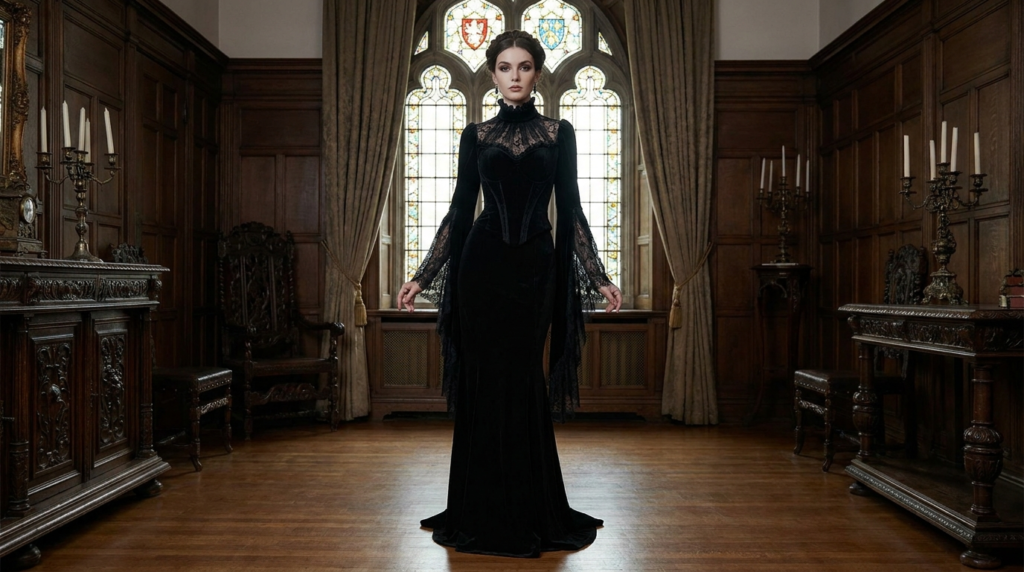 Victorian Gothic black dress with lace and long sleeves