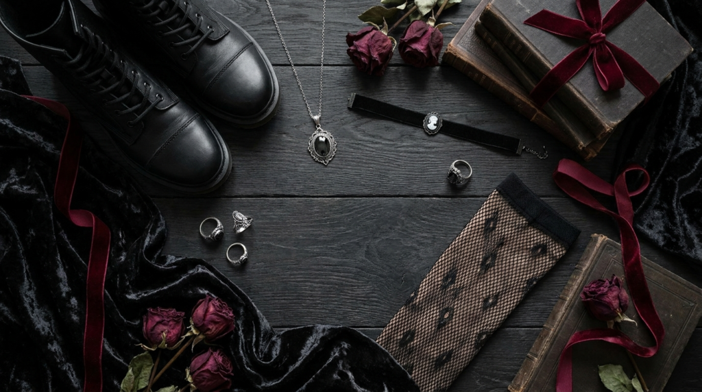 Gothic accessories including boots, silver jewelry and patterned tights