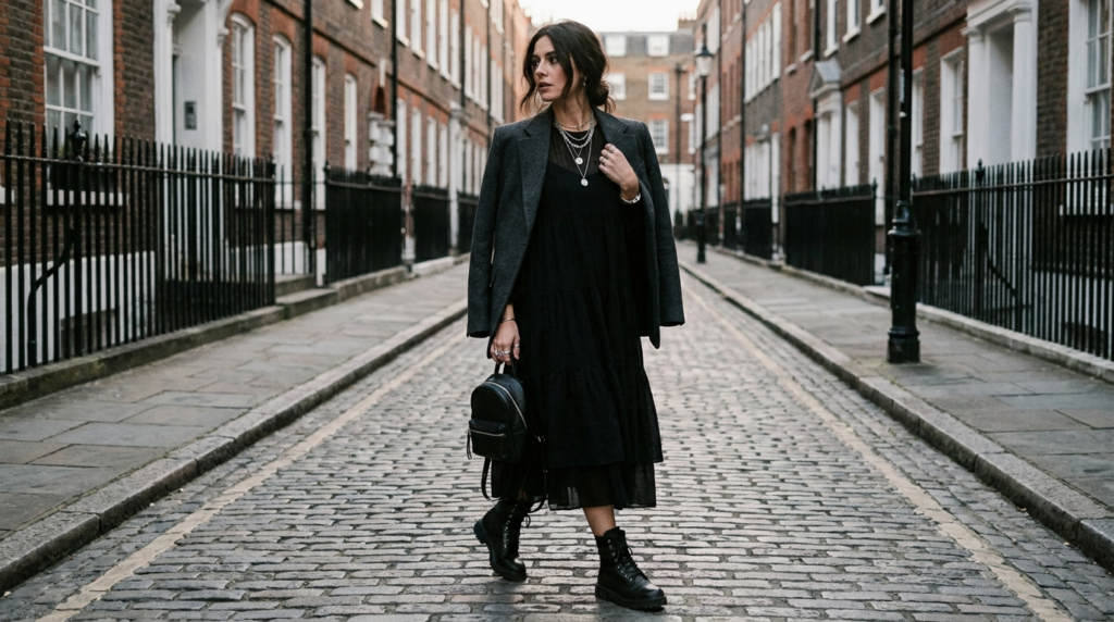Casual Gothic black dress styled with boots and silver jewelry